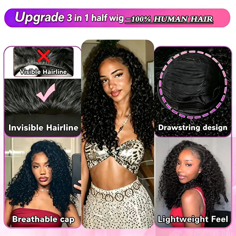 Burmese Curly Half Wigs Human Hair 100% 3 In 1 Half Wig With Drawstring Flip Over Half Wig Ready to Wear Go Glueless Curly Wigs