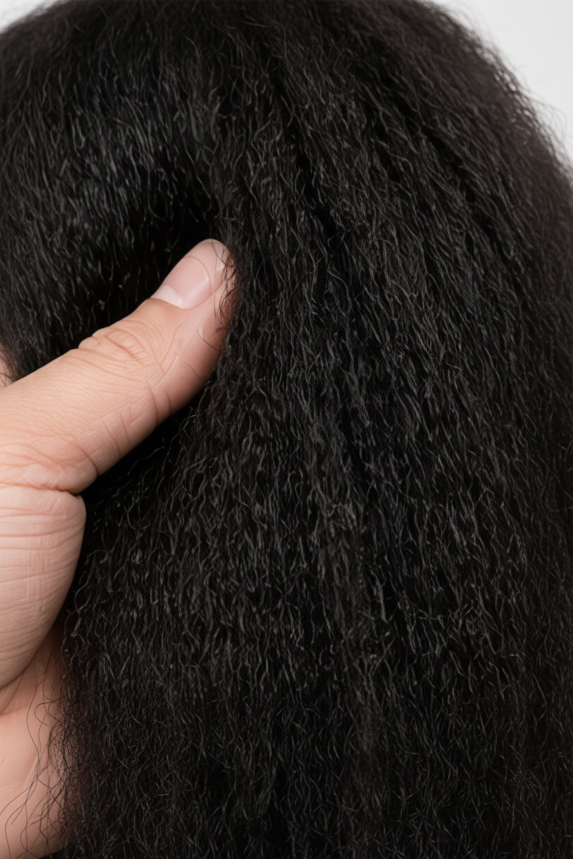 Close-up of a hand touching black textured fabric with text 'Texture & Feel' and description.